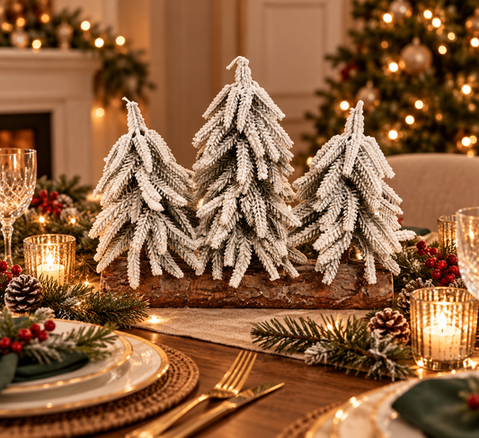Triple Snowy Pine Tabletop Christmas Trees on Log Base - styled holiday setting