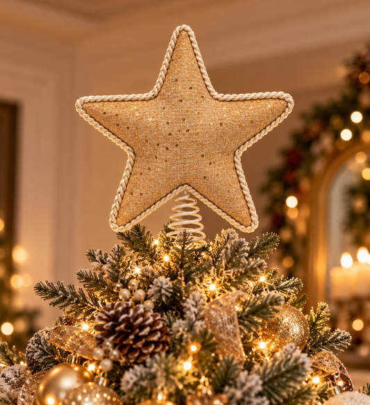 Burlap and Sequins Star Christmas Tree Topper - styled holiday setting