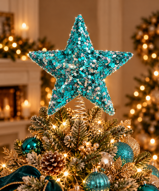 Teal Sequin Star Christmas Tree Topper - styled holiday setting