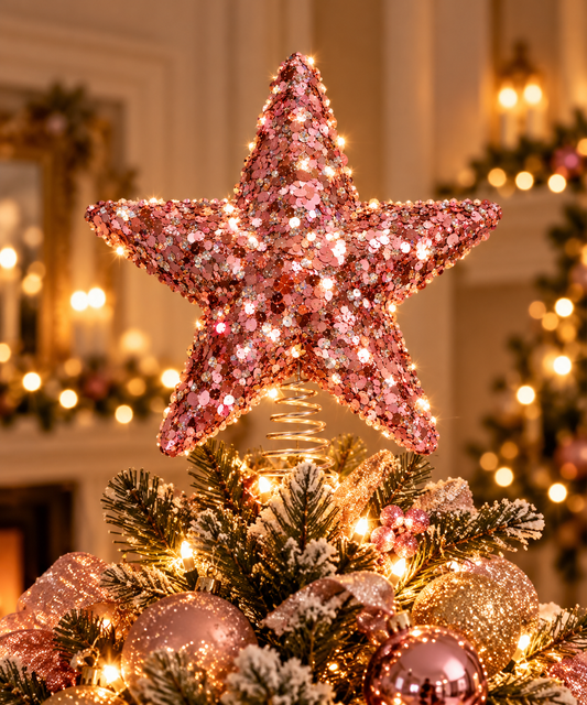 Pink Sequin Star Christmas Tree Topper - styled holiday setting