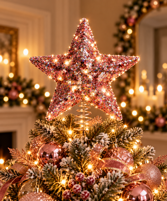 Rose Gold Sequin Star Christmas Tree Topper - styled holiday setting