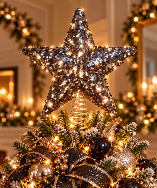 Dark Blue Sequin Star Christmas Tree Topper - styled holiday setting