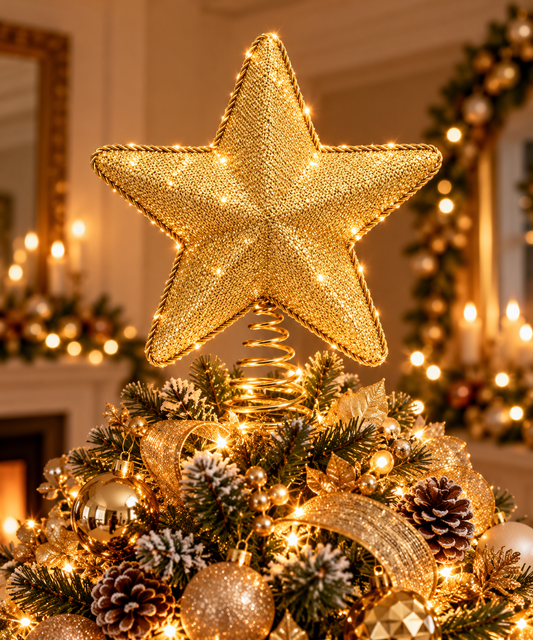 Gold Glitter Star Christmas Tree Topper - styled holiday setting