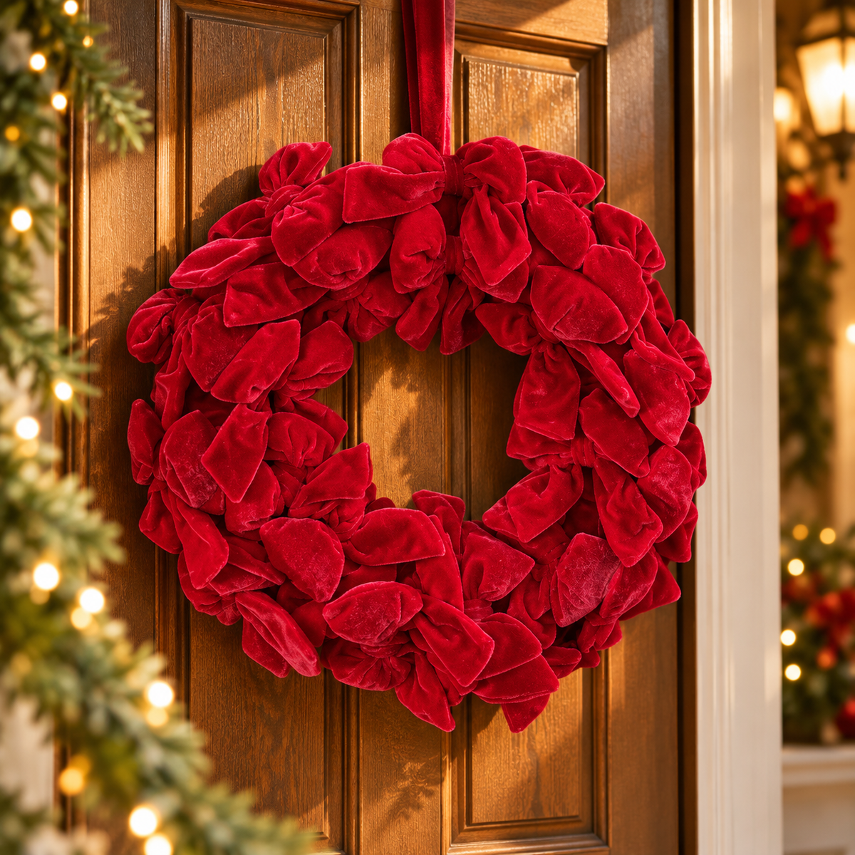 Red Velvet Bow Holiday Wreath - styled on a front door